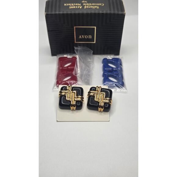 Vintage Avon Tailored Accent Convertible Earrings Set Gold Tone Red, Blue, Black - Picture 1 of 6